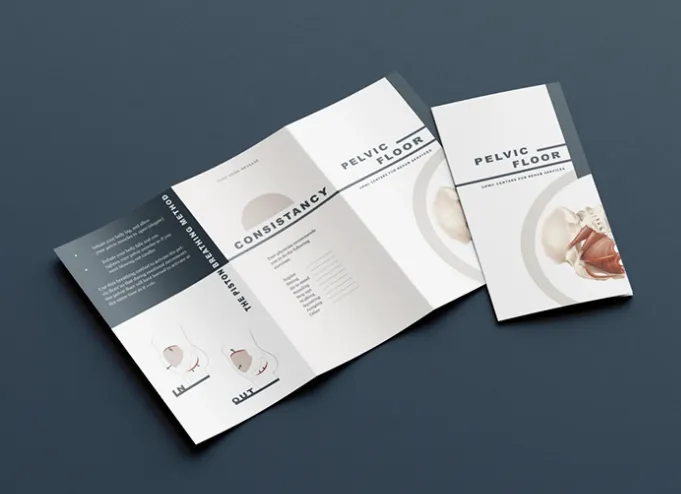 Outer panels of the mock-up patient leaflet, titled Pelvic floor