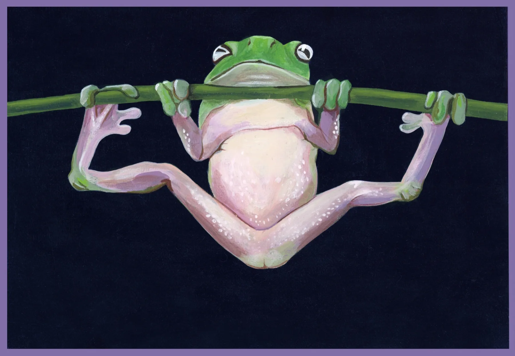 Left panel: the frog hanging from the branch by its front feet, belly towards us