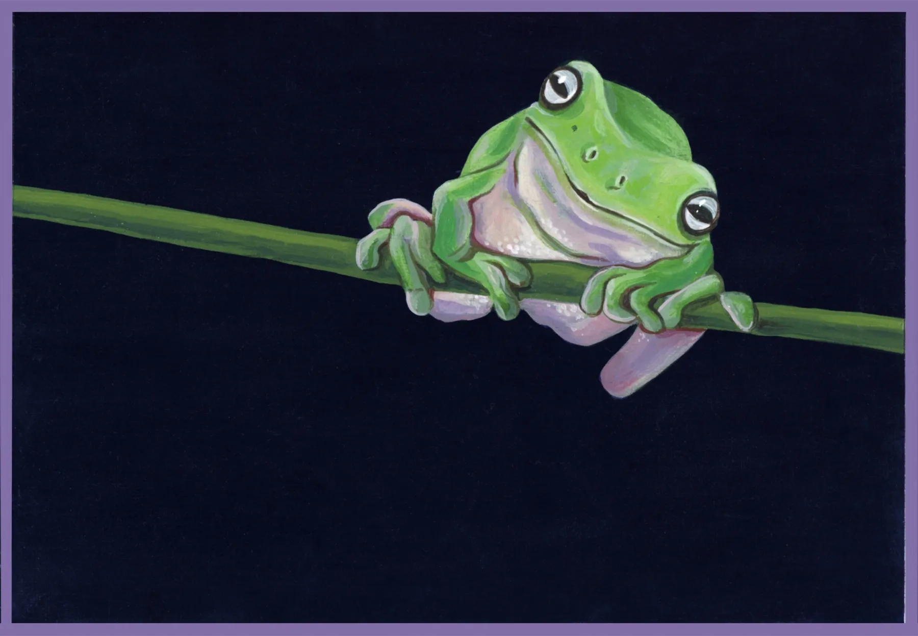 Right panel: the frog gripping the branch, looking towards us