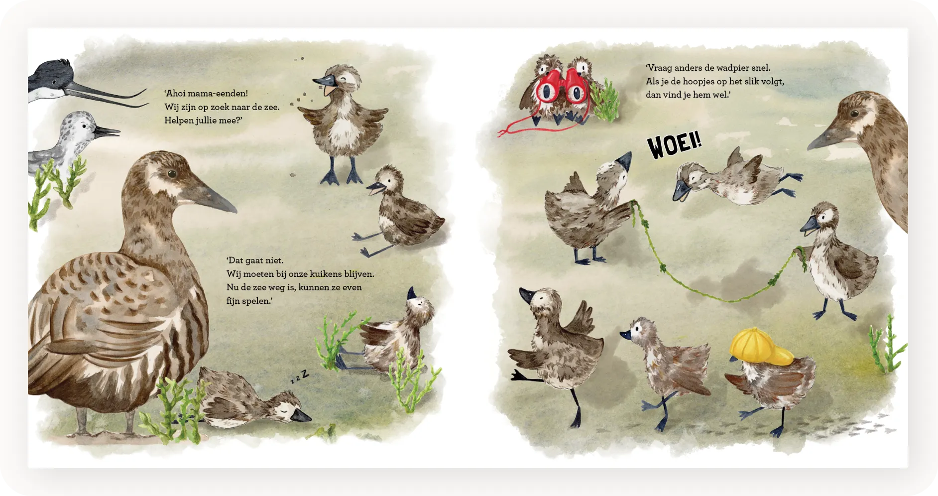 Book spread of illustrated waterfowl with captions