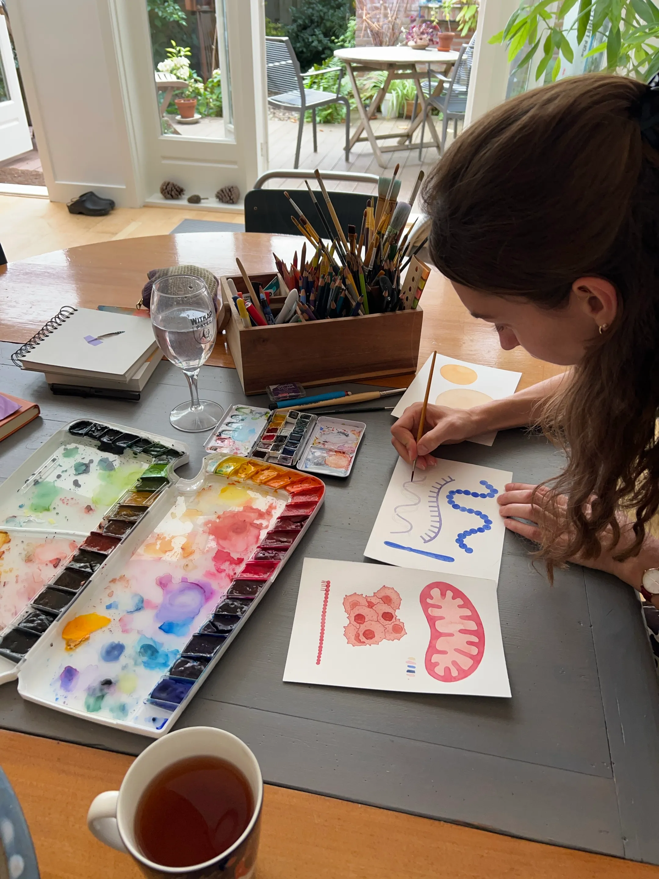 Watercolour palettes and brushes on a studio desk while Roberta paints a specimen study.