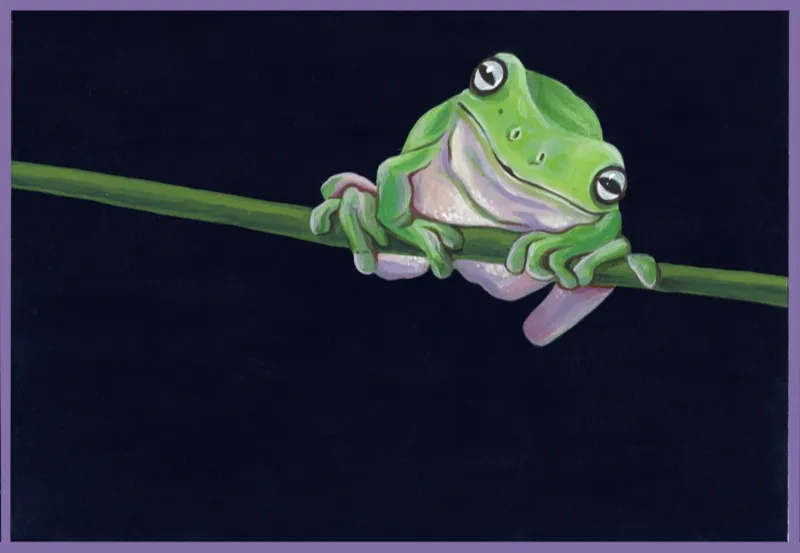 Gouache painting of a green tree frog crouched along a stem against a near-black ground.